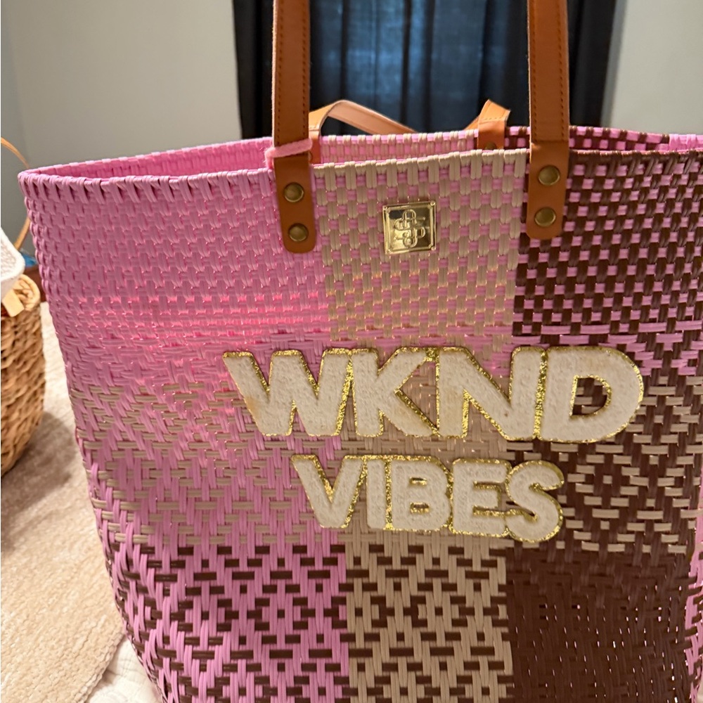 Boutique 9 Pink Woven Tote with Tan Handles and Gold Lettering
